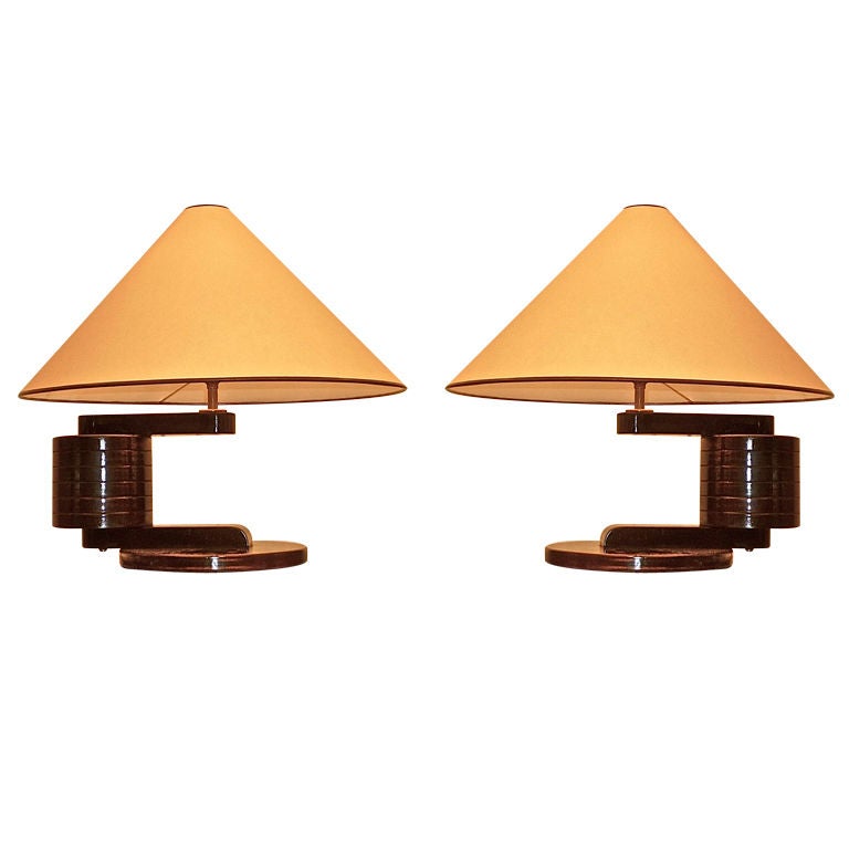 ANDRE SORNAY SIGNED Very Rare pair of nailed lamps in rosewood
