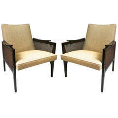 Maurice Jallot Chic Pair of Mahogany Rattan Side Chairs, Restored
