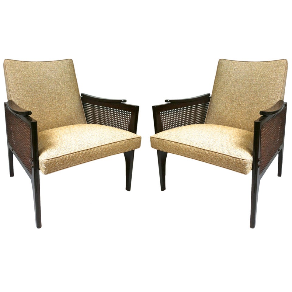 Maurice Jallot Chic Pair of Mahogany Rattan Side Chairs, Restored For Sale