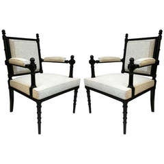 Jean Charles Moreux Pair of Black Neo Classic Arm Chairs Newly Covered