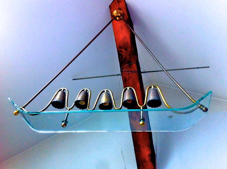 Italian 1950s Superb Design Five-Lights Ski Chandelier