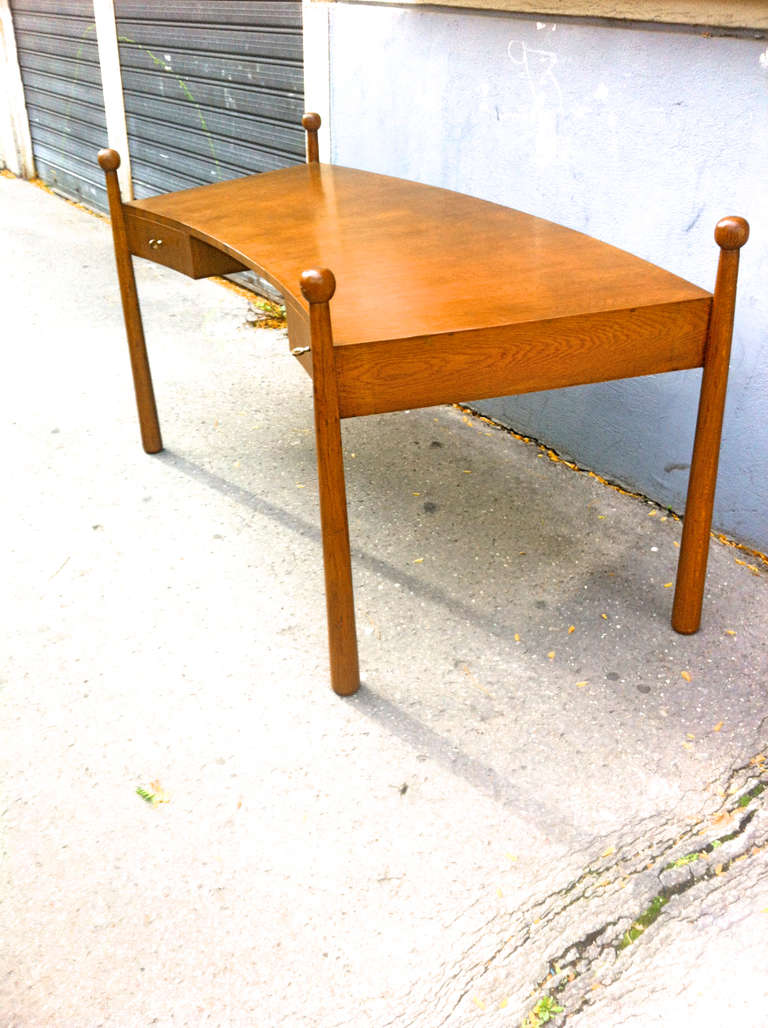 French Jean Royère Documented Rarest Oak Curved Desk, Model 