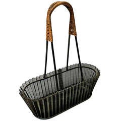 Mathieu Mategot Genuine Fruit Basket in Rattan and "Rigitule" Perforated Iron