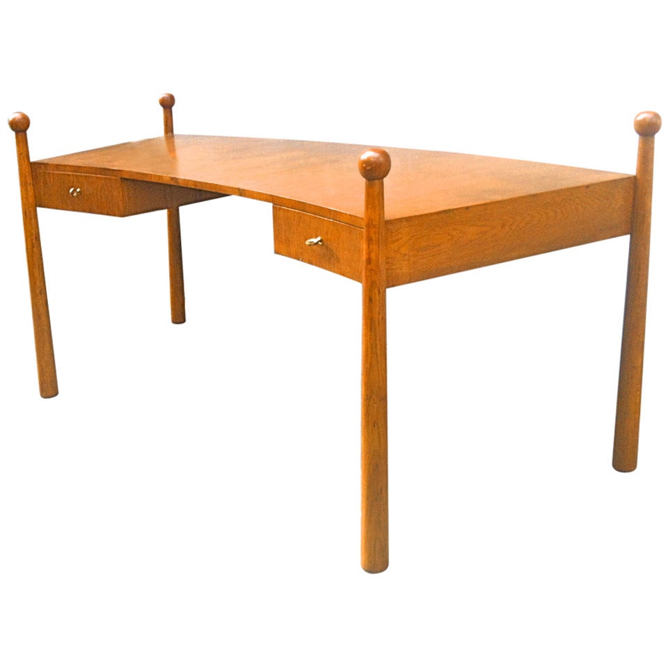 Jean Royère Documented Rarest Oak Curved Desk, Model "Quille" For Sale