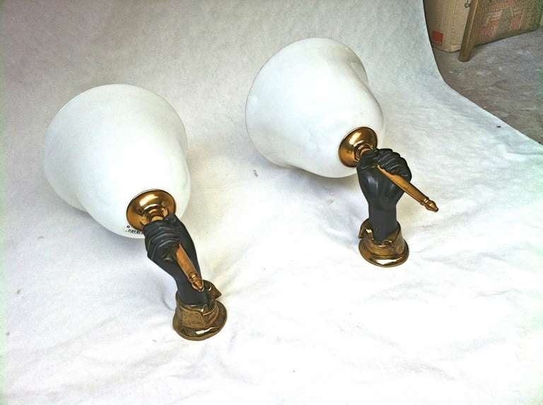 John Devoluy Neo Classic Big Hand Bronze And Opaline Pair of Sconces