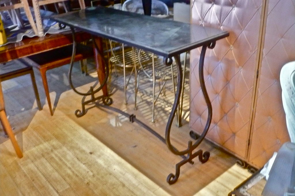 French Gilbert Poillerat Console in Wrought Iron with Black Marble Top For Sale