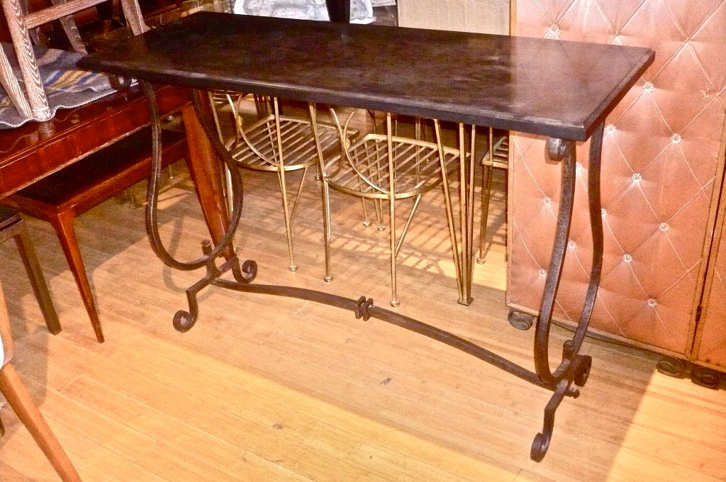 Mid-20th Century Gilbert Poillerat Console in Wrought Iron with Black Marble Top For Sale