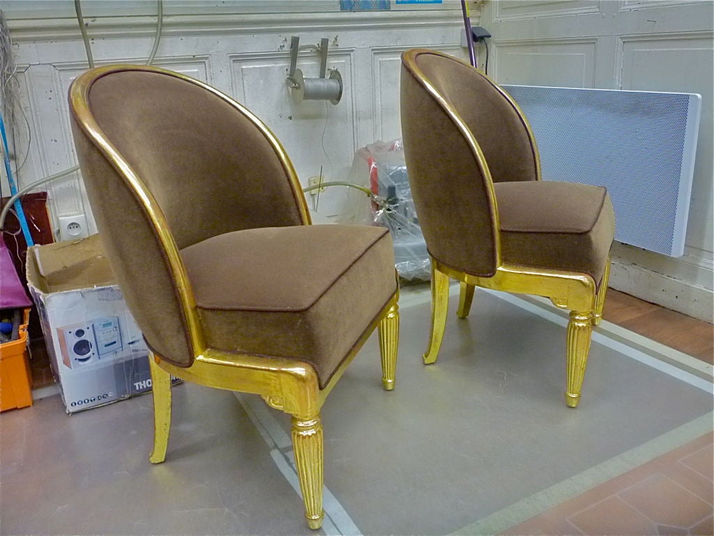 superb elegant pair of slipper chairs by PAUL FOLLOT  in gold leaf wood and newly recovered in a brown velvet