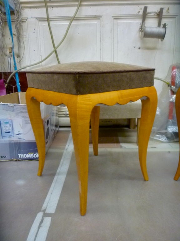 Rene Prou Elegant Sycamore Pair of 1940s Stools, Newly Recovered