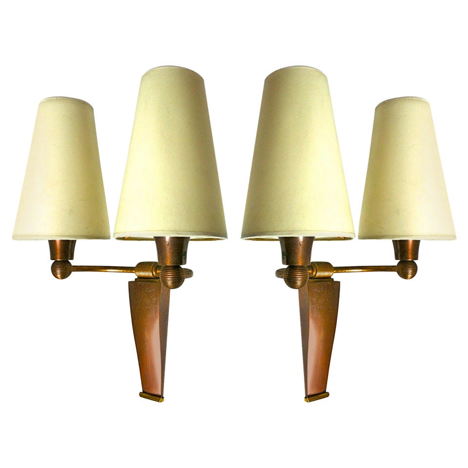 Jean Pascaud Small Pair of Sconces in Gold Oxidized Bronze For Sale