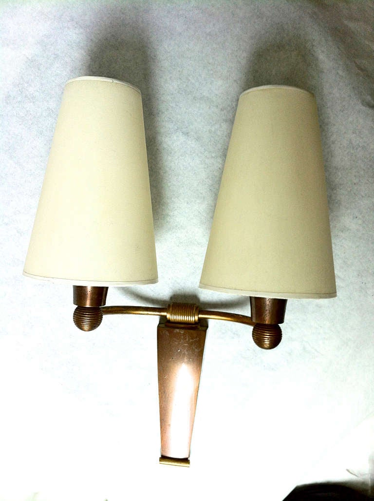 20th Century Jean Pascaud Small Pair of Sconces in Gold Oxidized Bronze For Sale