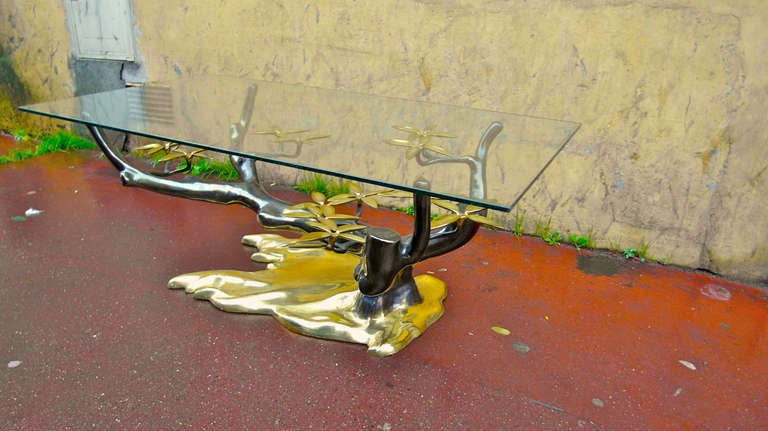 Pair of organic tree-like gold bronze coffee tables by no one.