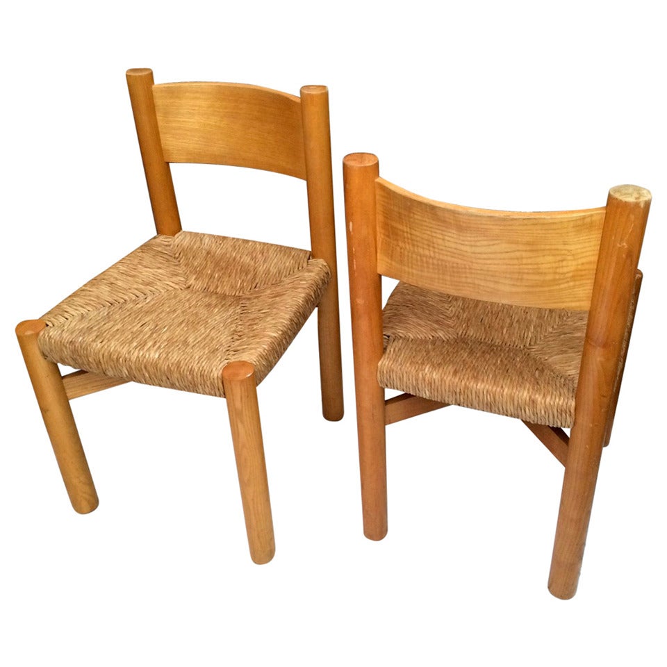 Charlotte Perriand Pair of Ash Tree and Rush Chairs in Good Vintage Condition For Sale