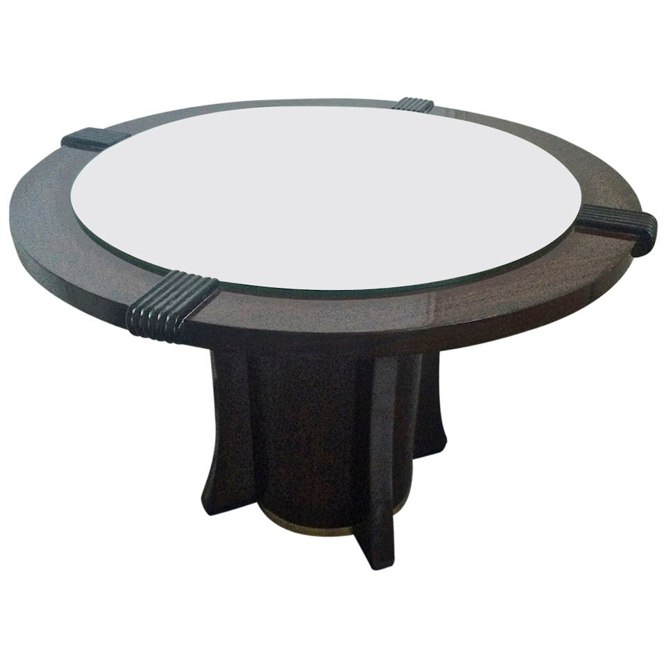 Maurice Jallot Coffee Table with Mirror Top and Brass Circled Base, 1940 For Sale