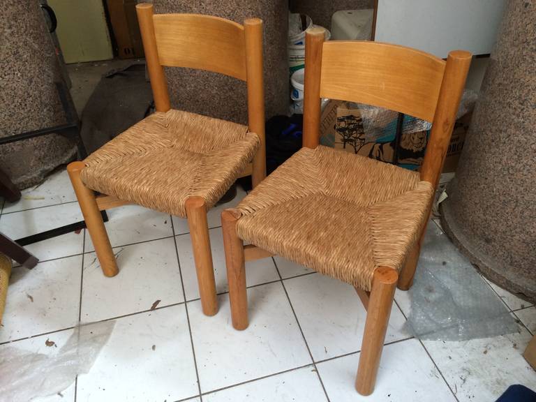 French Charlotte Perriand Pair of Ash Tree and Rush Chairs in Good Vintage Condition For Sale