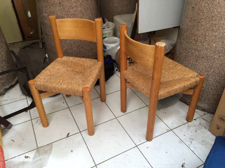 Charlotte Perriand Pair of Ash Tree and Rush Chairs in Good Vintage Condition For Sale 1