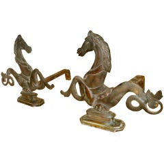 Superb Neoclassical Horse Andirons in Repoussé Brass