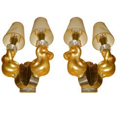 GEORGES JOUVE beautiful gold crackled ceramic pair of sconces
