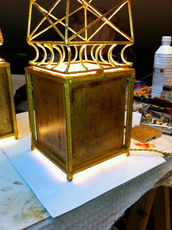 Spectacular Obelisk Gold Leaf Wrought Iron Pair of Lamps For Sale 3