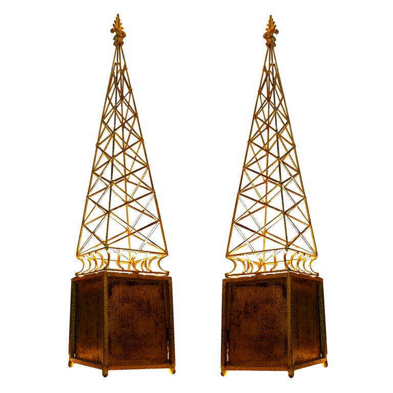 Spectacular Obelisk Gold Leaf Wrought Iron Pair of Lamps For Sale