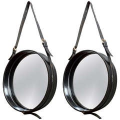 Jacques Adnet Pair of Small Charming Black Leather Hand Stitched Mirror