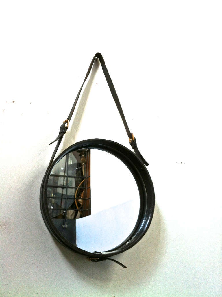 French Jacques Adnet Pair of Small Charming Black Leather Hand Stitched Mirror
