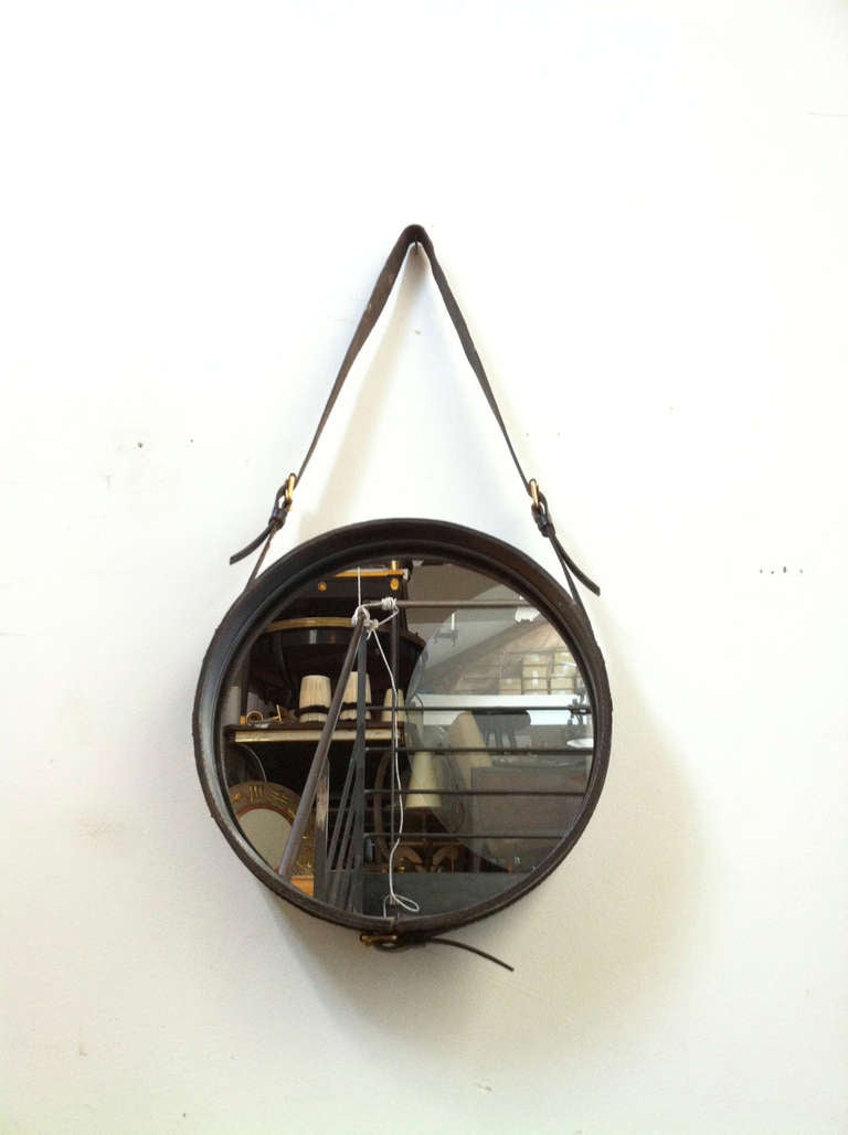 Mid-20th Century Jacques Adnet Pair of Small Charming Black Leather Hand Stitched Mirror