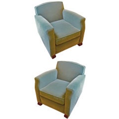 JULES LELEU pair of club chairs newly recovered in blue mohair
