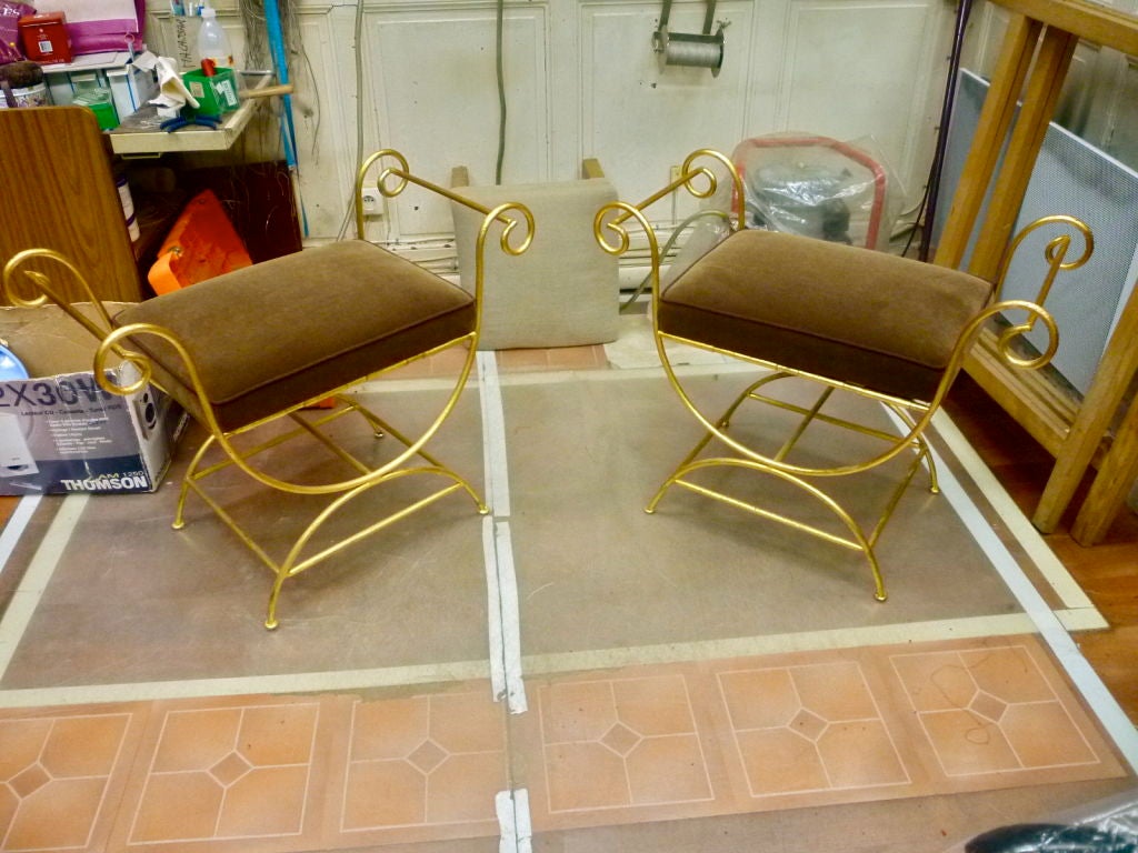 RENE PROU pair of wrought iron benches newly recovered in velvet 6