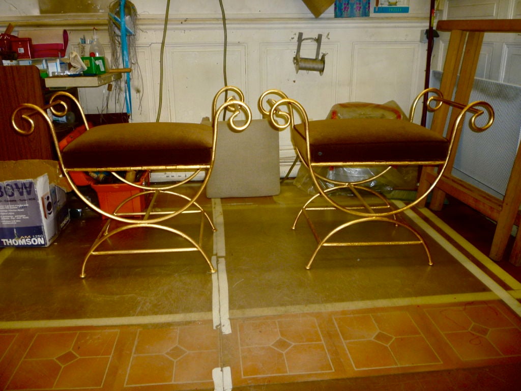 French RENE PROU pair of wrought iron benches newly recovered in velvet