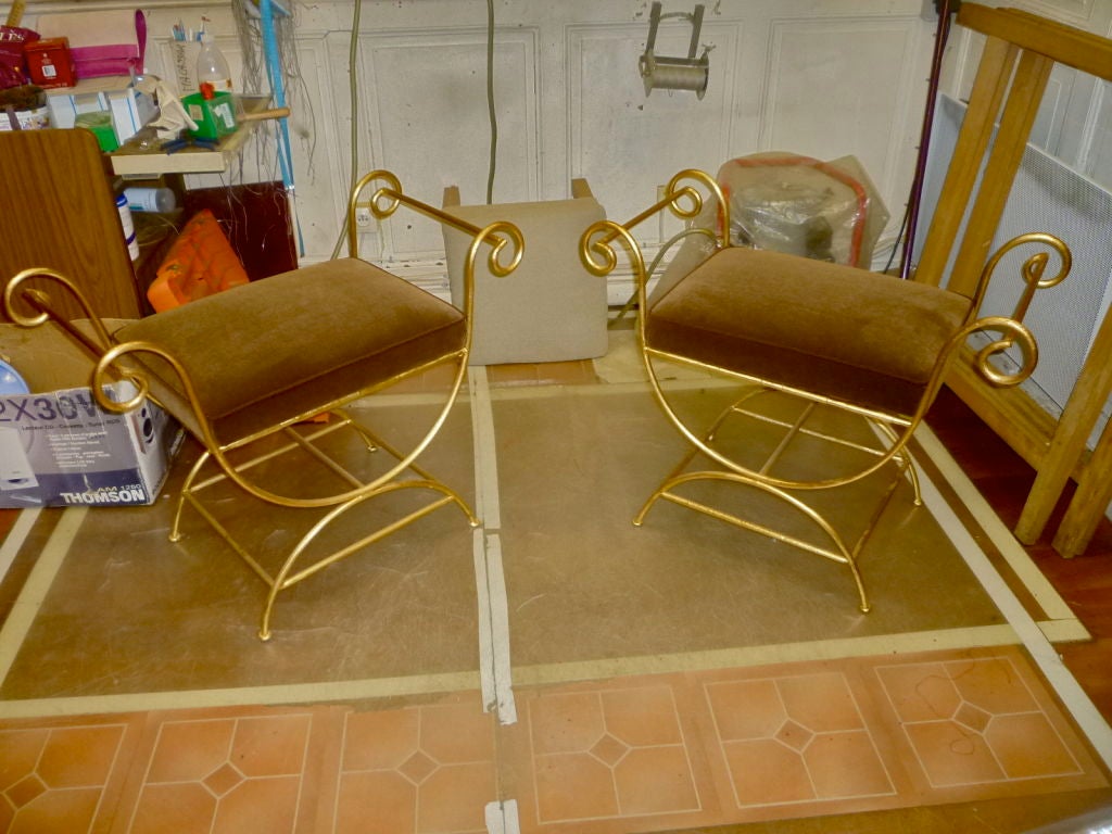 Mid-20th Century RENE PROU pair of wrought iron benches newly recovered in velvet