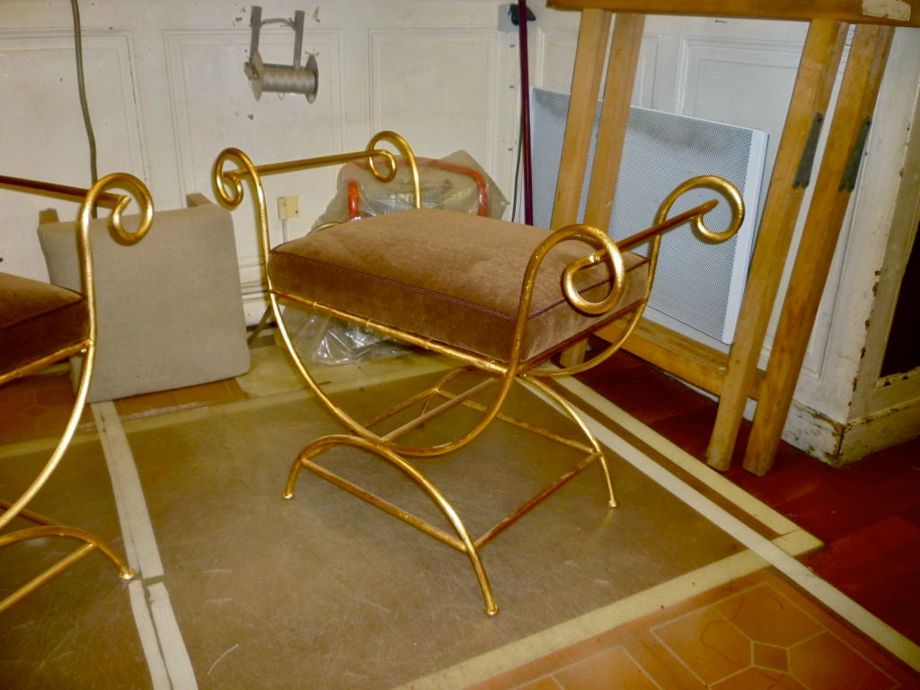 RENE PROU pair of wrought iron benches newly recovered in velvet 1