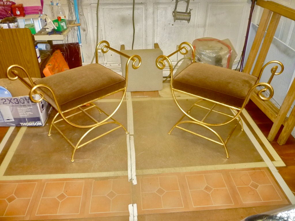 RENE PROU pair of wrought iron benches newly recovered in velvet 5