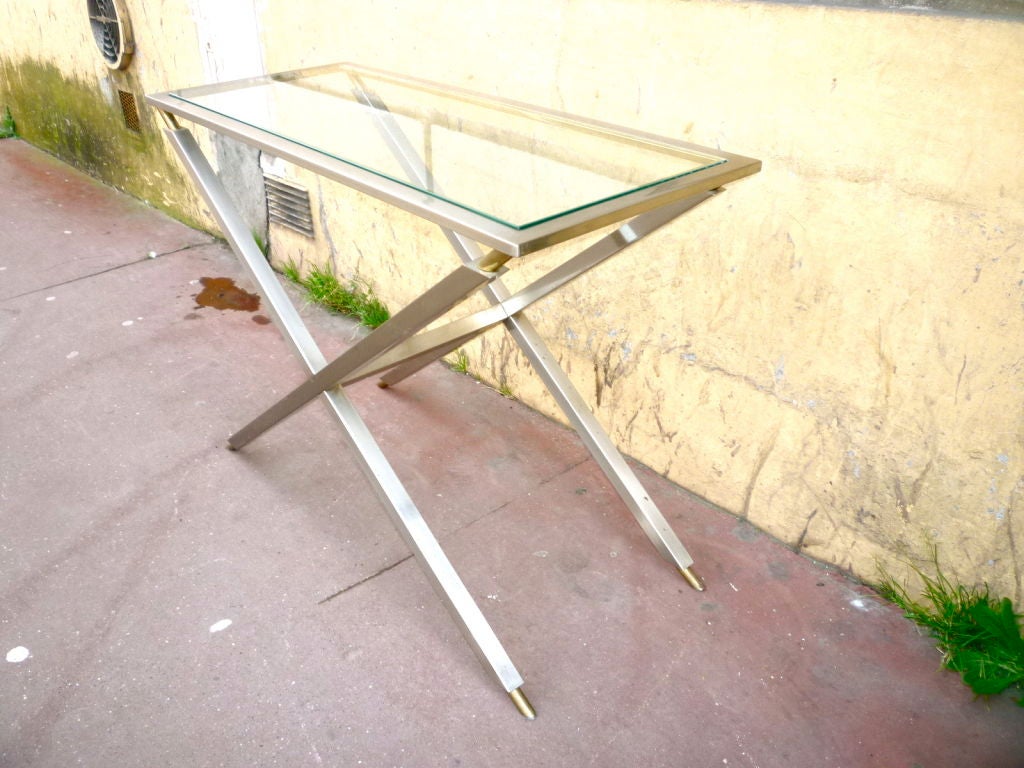 1970s Very Pure Design Small Console in Steel, Glass and Brass In Good Condition For Sale In Paris, ile de france
