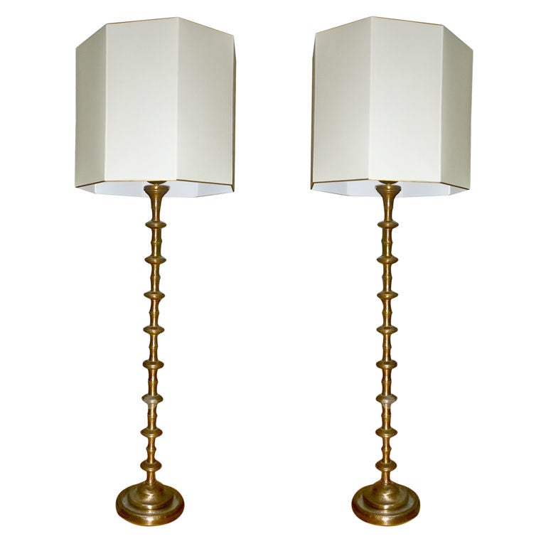 Pair of Standing Lamps in Solid Gold Bronze, 1970s For Sale