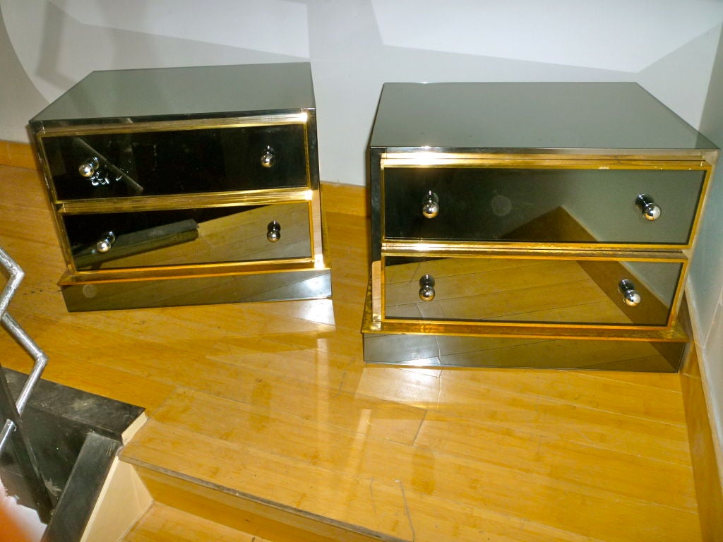 French Maison Jansen Pair of Mirrored Bedside Tables with Gold Frames