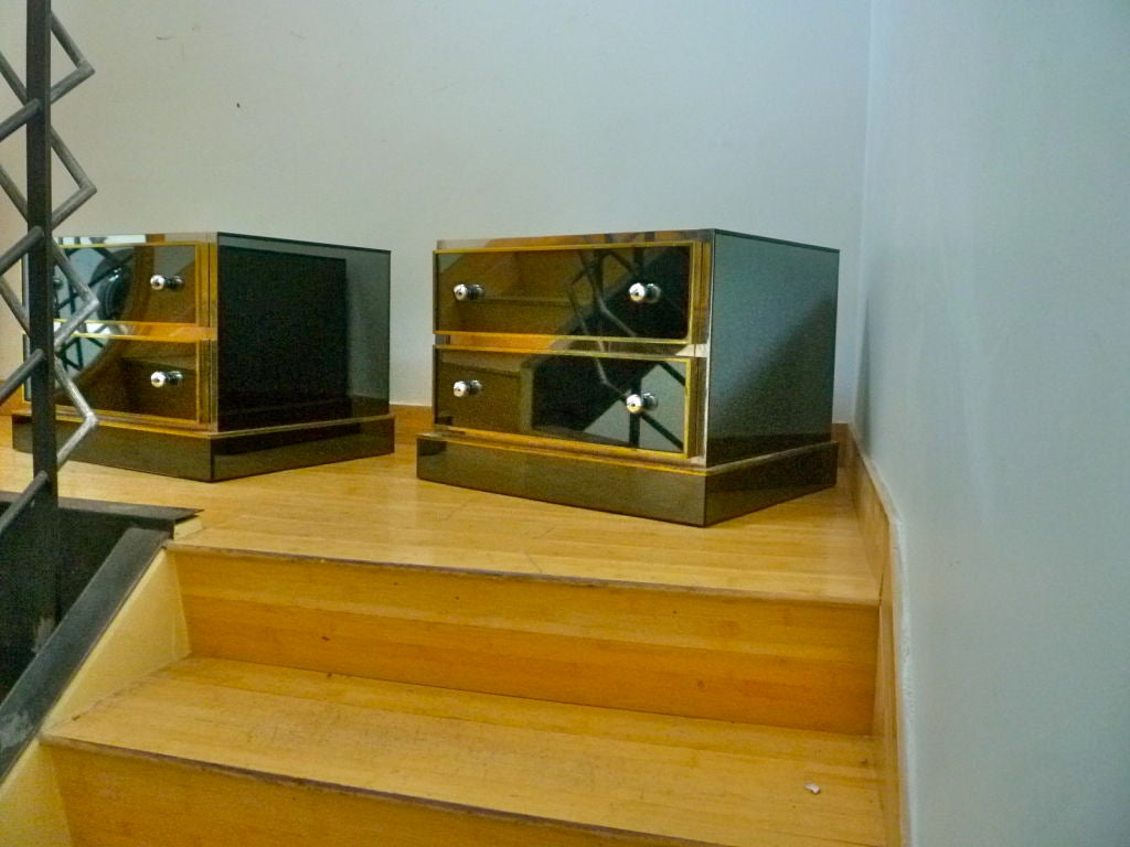 Mid-20th Century Maison Jansen Pair of Mirrored Bedside Tables with Gold Frames