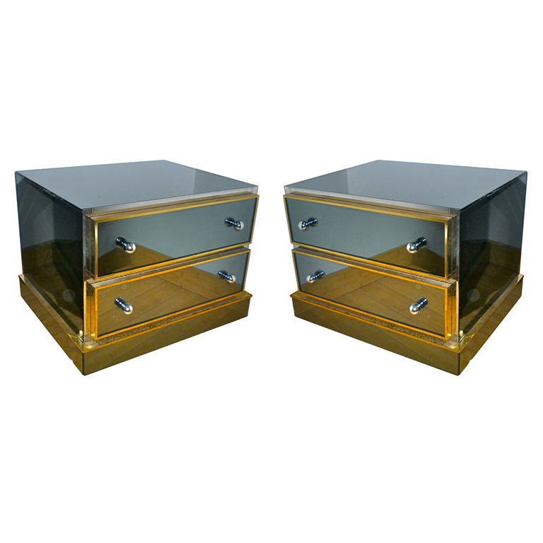 Maison Jansen Pair of Mirrored Bedside Tables with Gold Frames