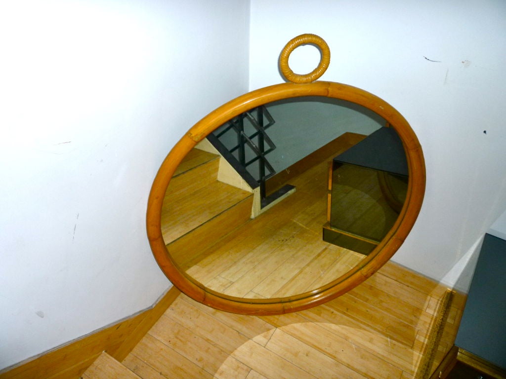French Spectacular Large Round Bamboo Mirror with Hanging Ring