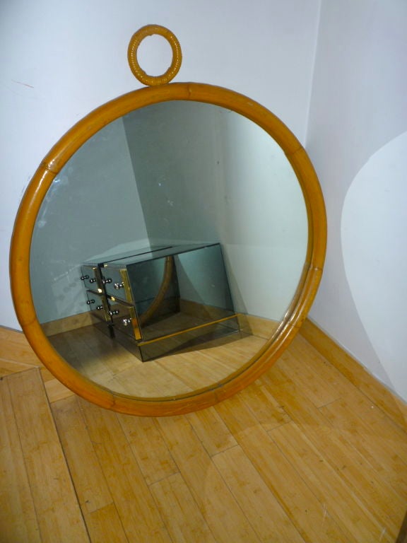 Mid-20th Century Spectacular Large Round Bamboo Mirror with Hanging Ring
