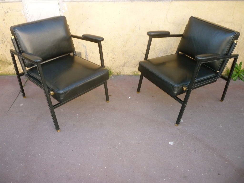French Jacques Adnet Chic Pair of Black Hand-Stitched Lounge Chairs