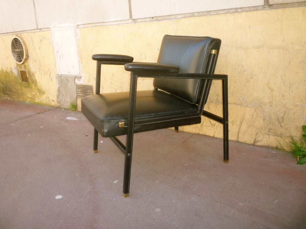 Mid-20th Century Jacques Adnet Chic Pair of Black Hand-Stitched Lounge Chairs