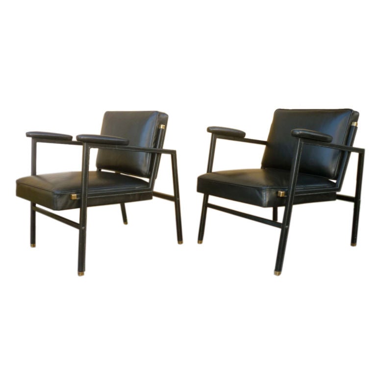 Jacques Adnet Chic Pair of Black Hand-Stitched Lounge Chairs