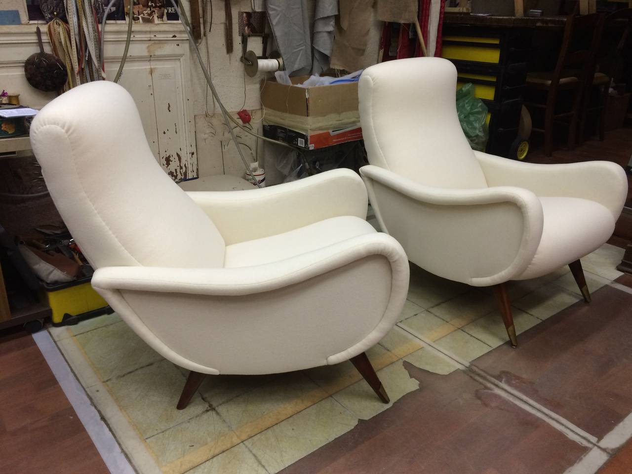 Pair of Italian Chair in the style of Marco Zanuso  Newly re-covered in raw white wool Kvadrat material.