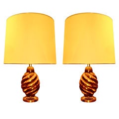 Pair of 1950s Spectacular Swirl Solid Gold Bronze Table Lamps