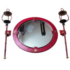 JACQUES ADNET exceptionnal red set of one mirror and 2 sconces