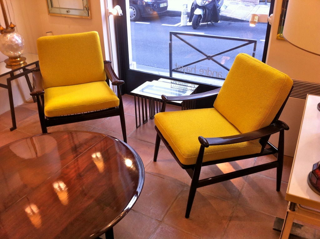 FINN JUHL for FRANCES&SONS  pair of lounge chair newly reupholstered in yellow  wool cloth