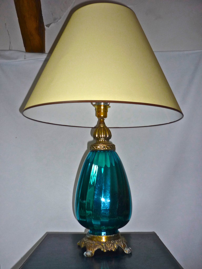 Turquoise mercury superb 1940 Italian lamp with metal base and metal urchin metal sculpture at base of socket.
