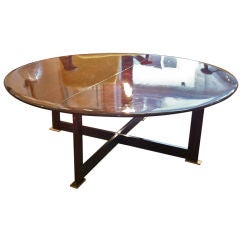 SUPERB round walnut coffee table in the style of JULES LELEU