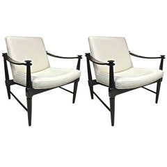 Style of Finn Juhl Pair of Lounge Chairs Newly Reupholstered in Raw White Cloth